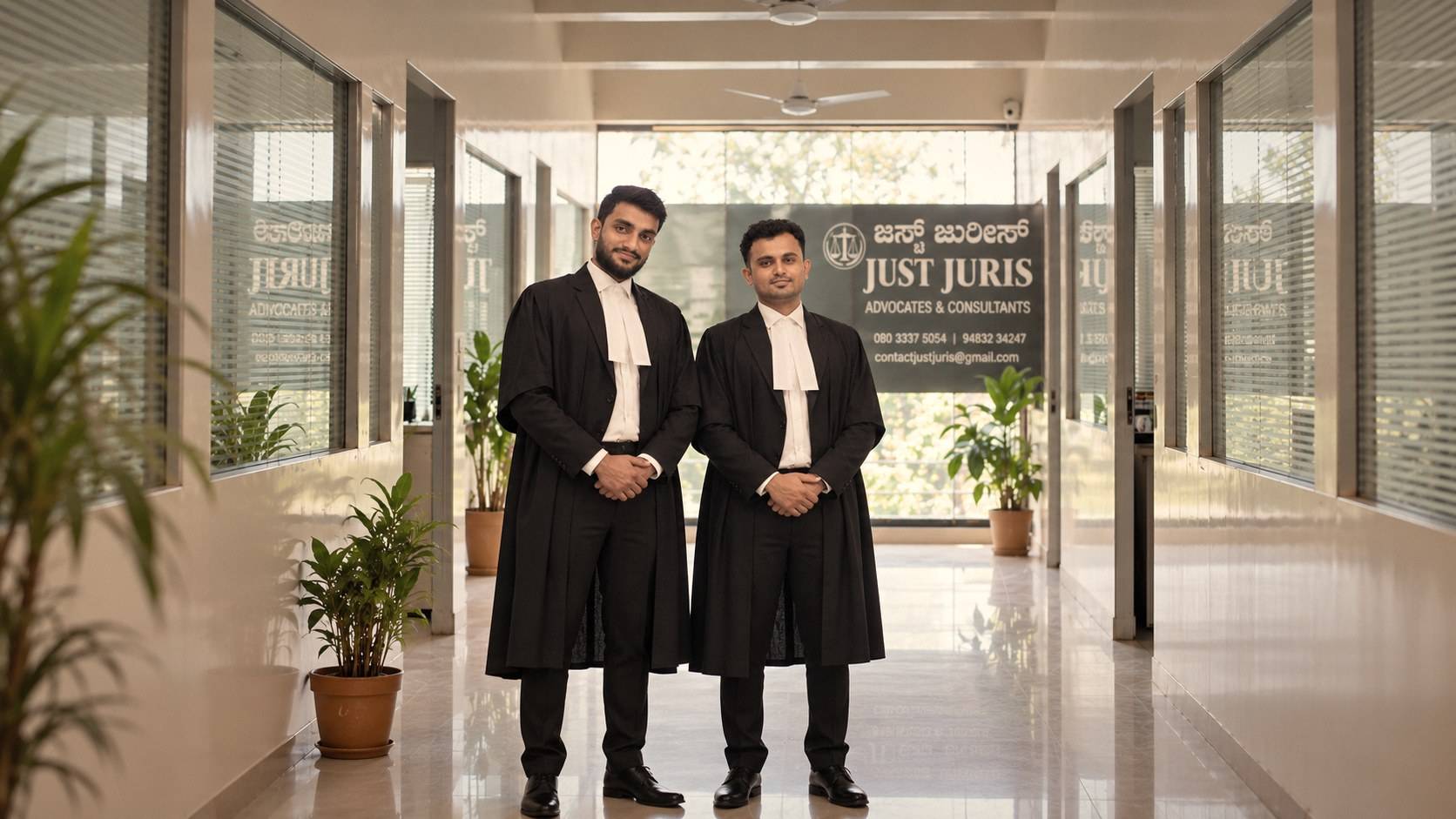 Advocates Sachin Devaiah M M and Rishi N Umesh in the JustJuris office corridor