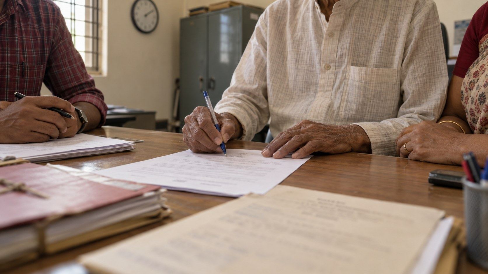 An elderly person's hands signing a typed document at a desk, with two people seated beside them as witnesses