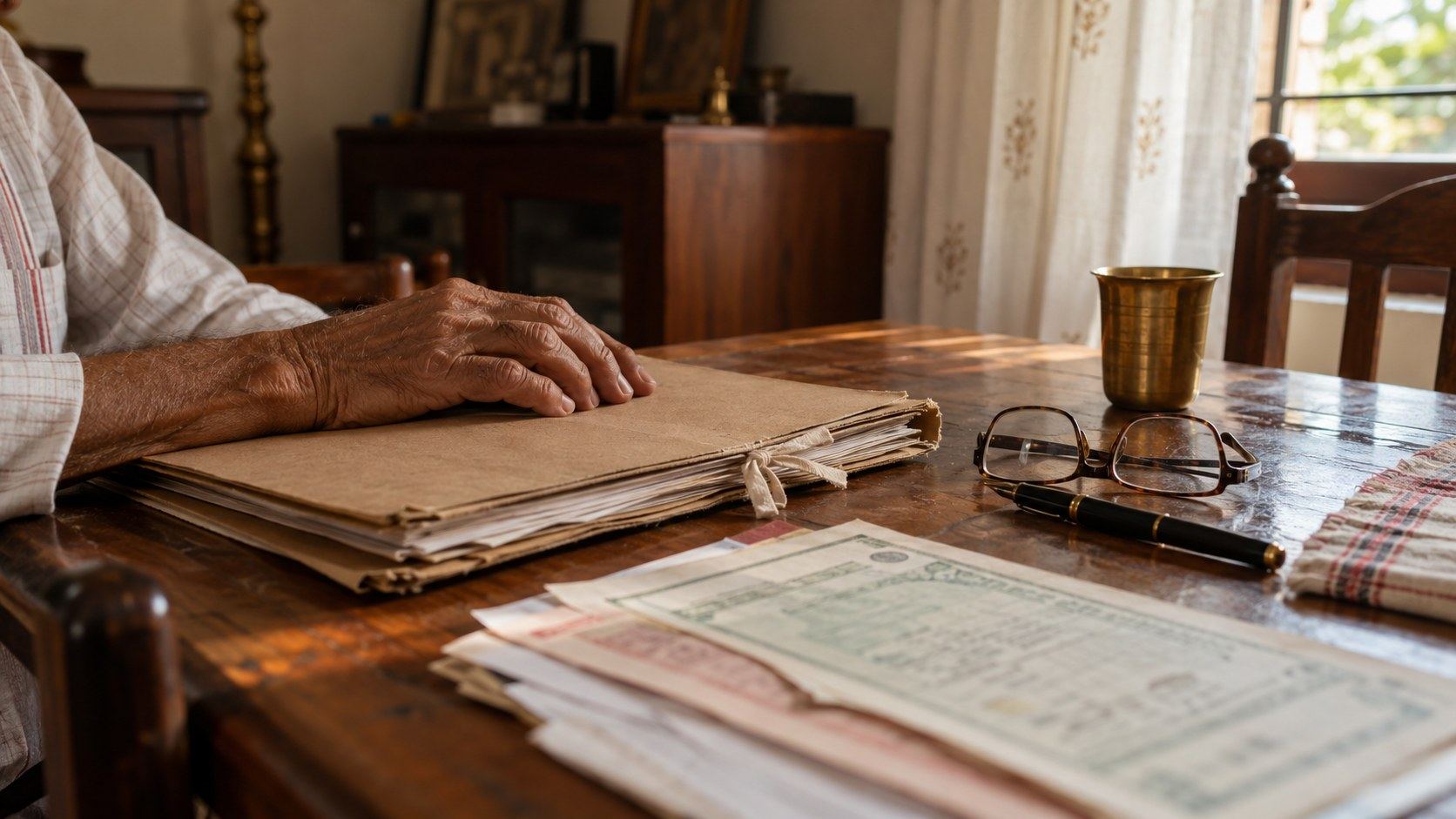 An elderly person's hands resting on a file of papers on a wooden table